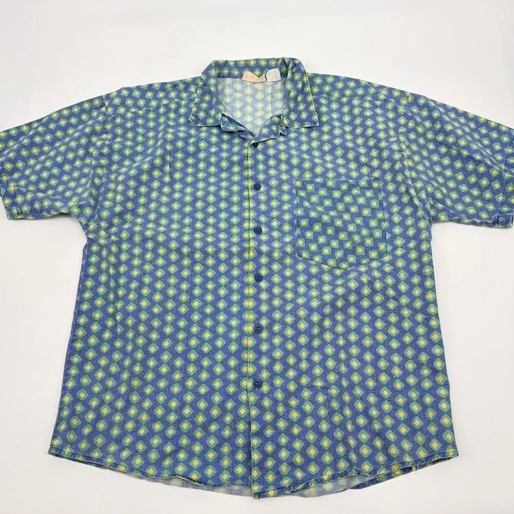 Vintage | Frankenstein brand | Men's Blue and Green funky Patterned Shirt